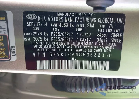 2015 Kia Sorento Lx из США, поврежденный, VIN 5XYKTCA68FG638360